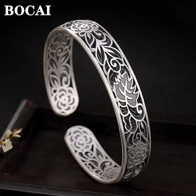 

BOCAI New 100% Real S999 Pure Silver Bracelet for Woman Matt Flowery Ladies Adjustable High Quality Jewelry Accessories