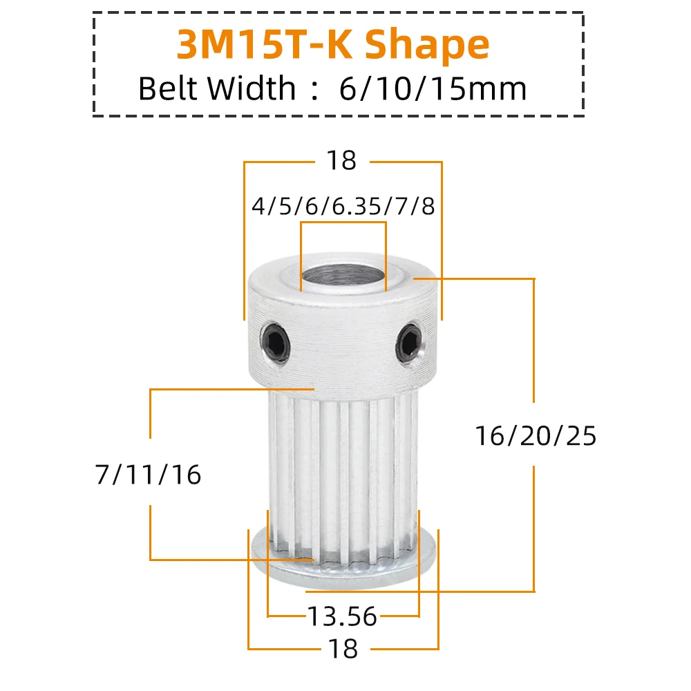 Belt Pulley 3M15T K Shape Teeth Pitch 3.0 mm Circular Tooth  Alloy Pulley Bore 4/5/6/6.35 mm For Width 6/10/15 mm 3M Timing Belt