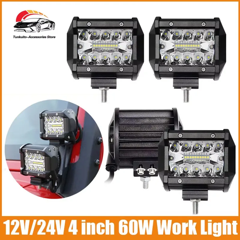 

4x 4-дюймовые 60-ваттные 20-светодиодные водонепроницаемые рабочие фары LED Bar Spot Flood Beam с 2 кронштейнами для крепления на A-стойку для Jeep Wrangler JK 2007-2017