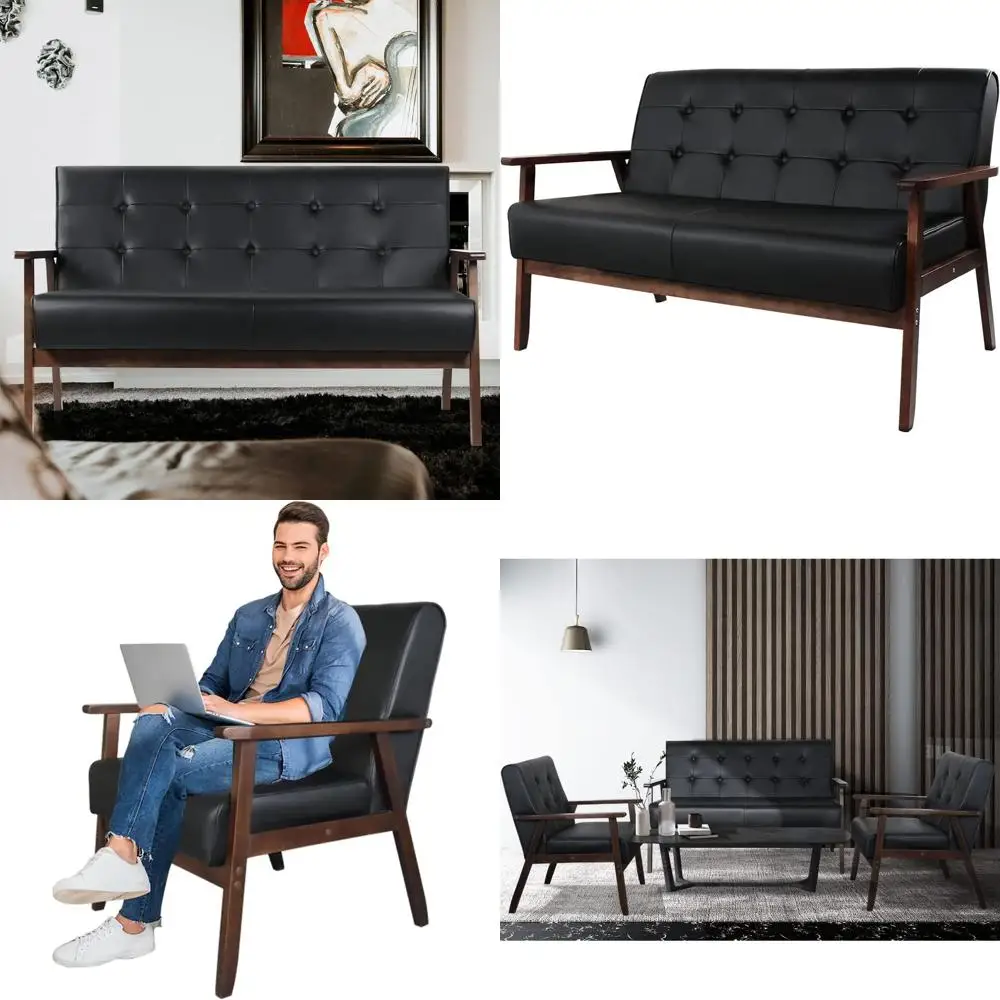 

Black Leather Sofa Set with 2 Accent Chairs and 1 Loveseat for Small Spaces