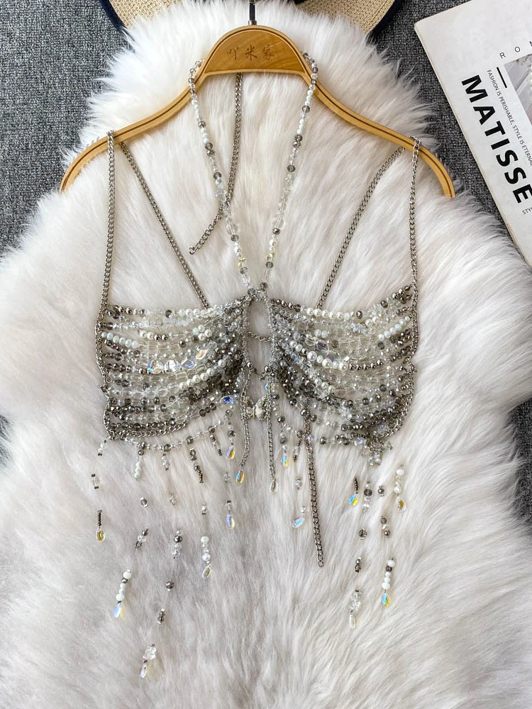 

Heavy-Du Beaded Nelace Vest Women's New Sle Slimming Outerwear ort Top Faionable Commute Pearlescent