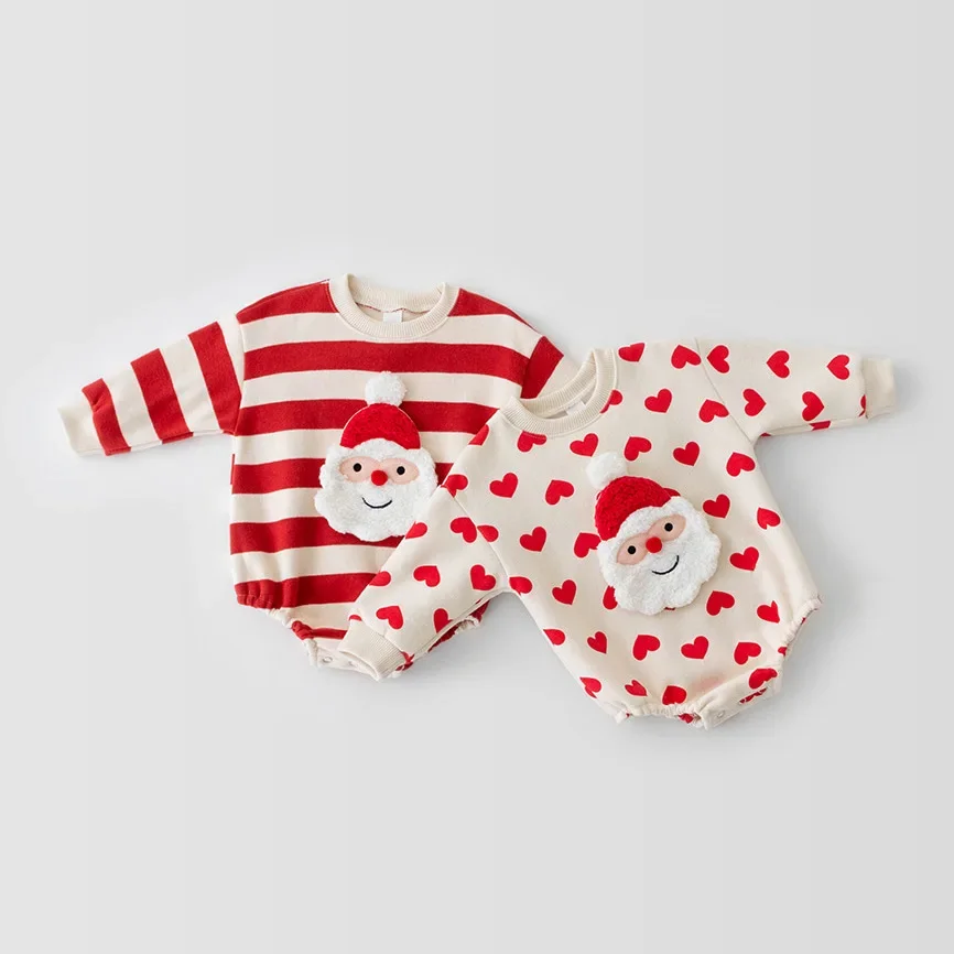 Christmas Baby Sweater Santa Clause Long Sleeve Romper Hat Heart Red White Striped Kids Children Sweatshirt Pants Clothing Sets