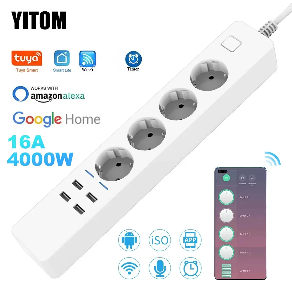 Regleta inteligente Wifi 4 tomas de la UE enchufe 4 puerto de carga USB aplicación de sincronización Control de voz funciona con el asistente de Google Home Alexa