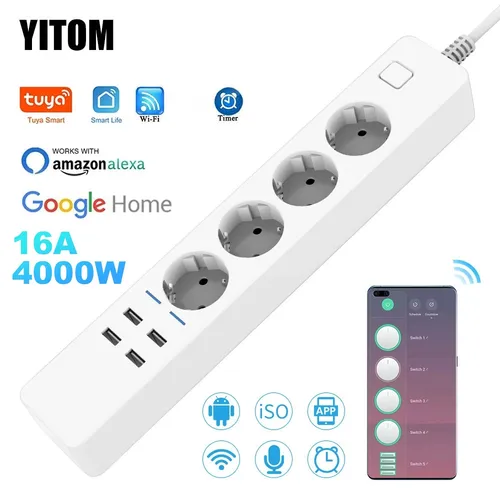 스마트 전원 스트립 와이파이 4 EU 콘센트 플러그 4 USB 충전 포트 타이밍 앱 음성 제어 Alexa Google 홈 어시스턴트와 함께 작동, 스마트 파워 스트립 Wifi 4 EU 콘센트 플러그 4 USB 충전 포트