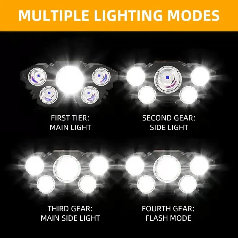 LED Strong Light Five Headed Outdoor Waterproof Fishing Light USB Rechargeable Ultra Bright Head Mounted Flashlight