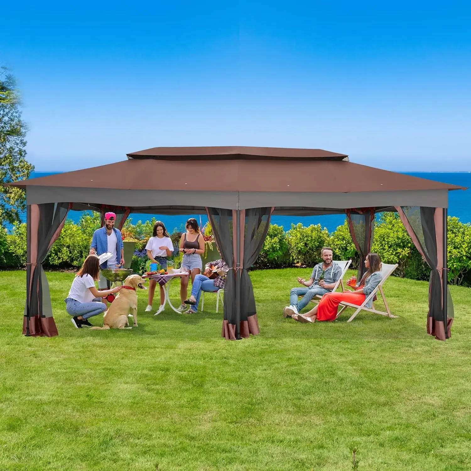 12x20 Heavy Duty Gazebo w/Curtain & Netting Outdoor  Double Roof Patio  w/Metal Steel Frame Tent for Backyard