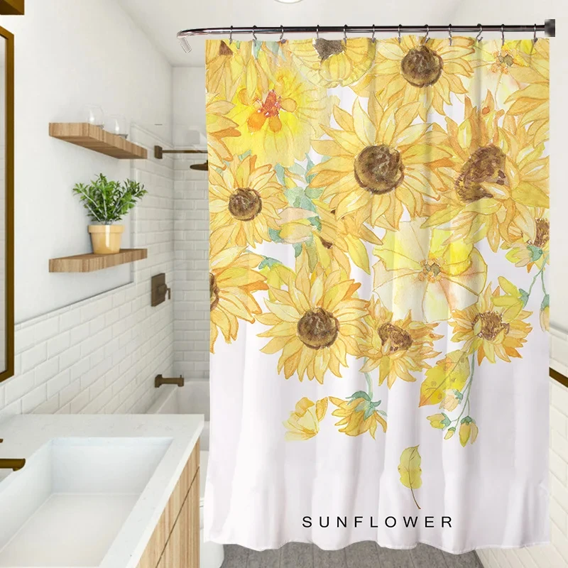 Fresh Summer Simple Yellow Sunflower Shower Curtain with Hooks Waterproof Floral Bathroom Curtains Set for Flower Bathroom Decor