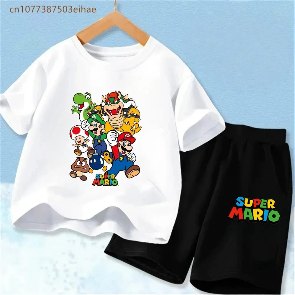Summer Kids Clothing Sets Super Mario Cartoon Print Cotton Short Sleeve T-Shirt Casual Shorts Soft Outfits For Baby Boys Girls