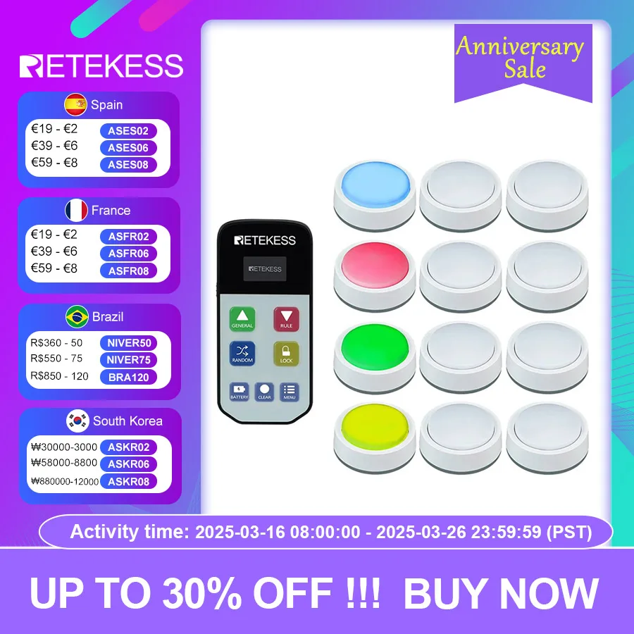 Retekess TM102 Wireless Quiz Answer Game Buzzer System 3 Answer Modes 4 Color States For Competition Game Show Family Party Game