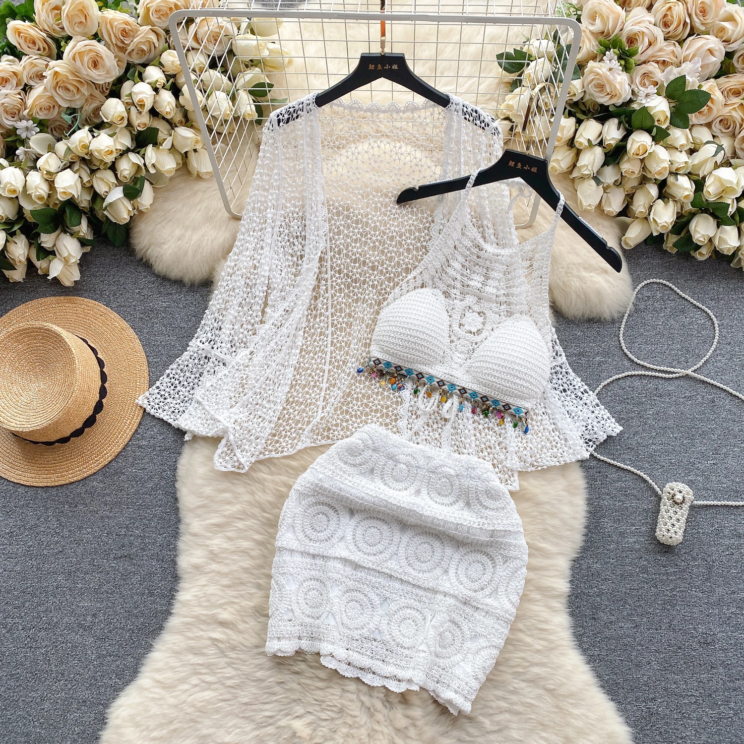 

Beach Vacation Style Women's Set Vintage Hook Flower Hanging Neck Tank Top+Hollow Cardigan+Half Skirt Casual Three-Piece Set