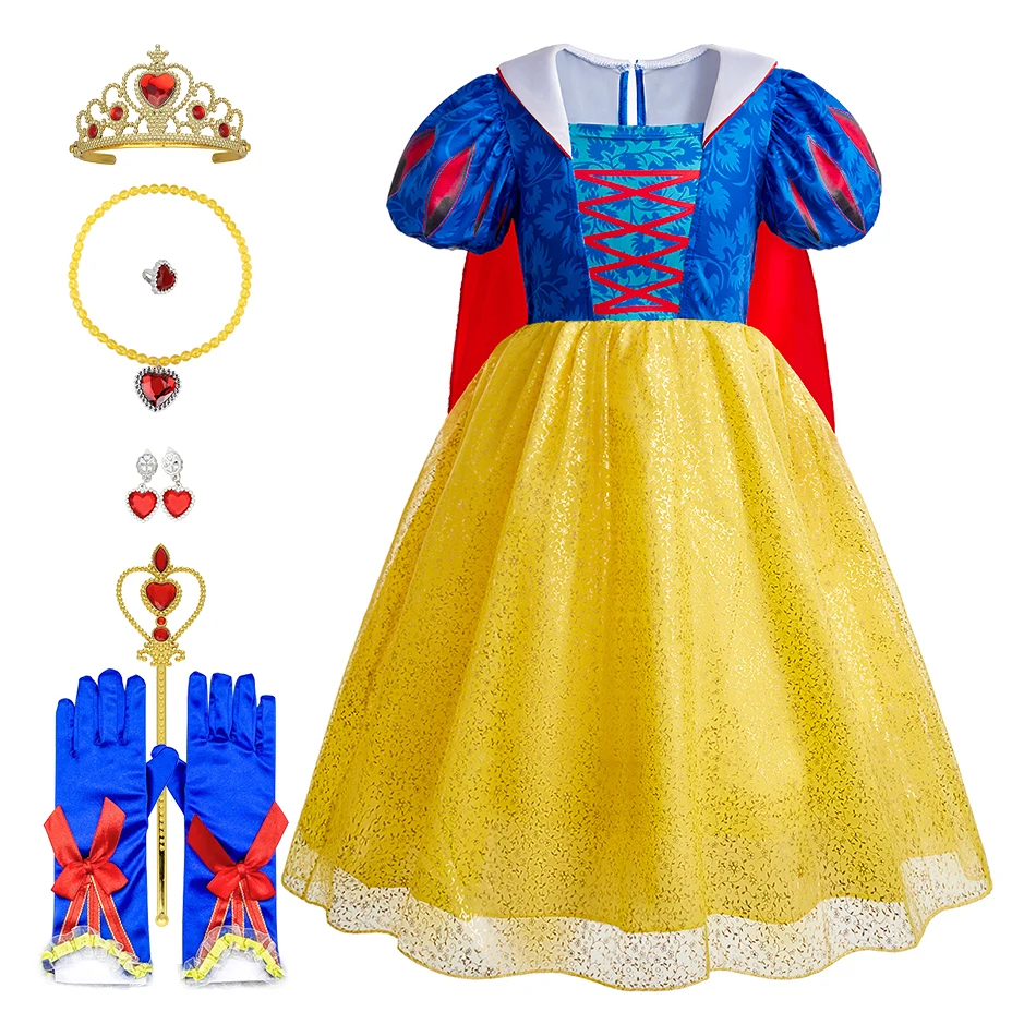 

Girls Christmas Princess Dress New Halloween Snow White Cosplay Fluffy Dresses Kids Long Shawl Baby Hot Stamping Flower Costume