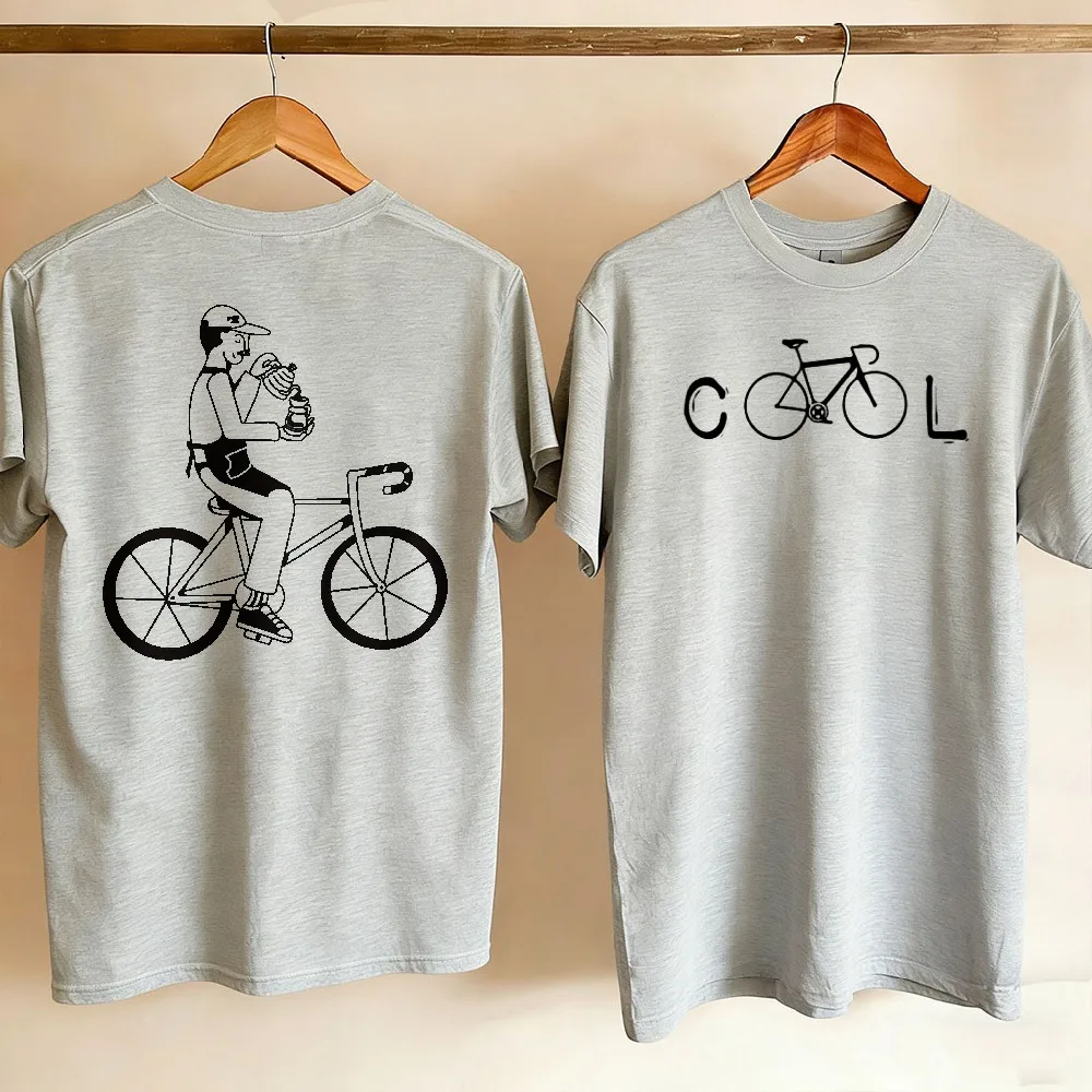 Couple Front Back Printed T Shirt Minimalist Cool Bicycle Word Front Man Riding Bike Holding Drink Line Art Casual Cycling Tees