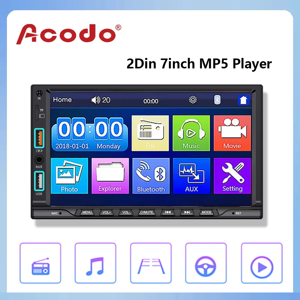 Acodo 7inch HD Touch Screen FM Car Radio For Universal MP5 Player 2Din Mirror Link BlueTooth 5.0 Reverse image USB interface