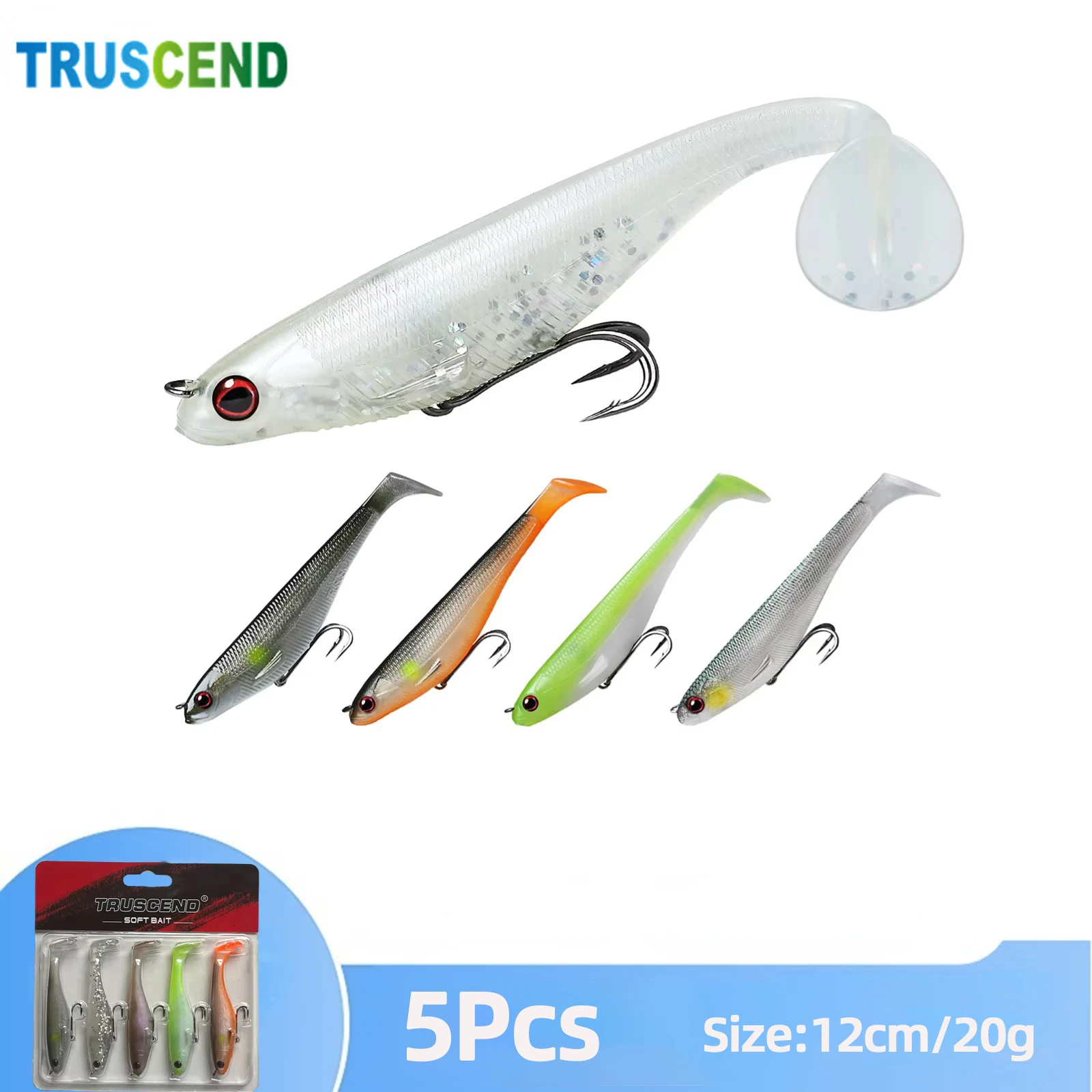 TRUSCEND 5pcs Soft Fishing Lures 12cm/20g Jig Head with T Tail Artificial Baits Wobblers Swimbait Fishing 1:50 Super Durable TPE