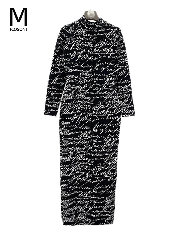 

Micosni High-Quality Women's Autumn Winter Mid-Length Knitted 30% Wool Dress 2025 Embroidered English Letters Back Zipper Design