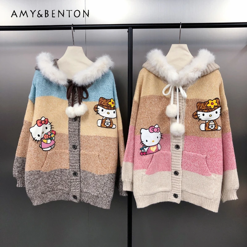 

Japanese Sweet Cute Single-Breasted Sweater Jacket Cartoon Embroidery Patch Color-Block Striped Hooded Sweater Cardigan Ladies