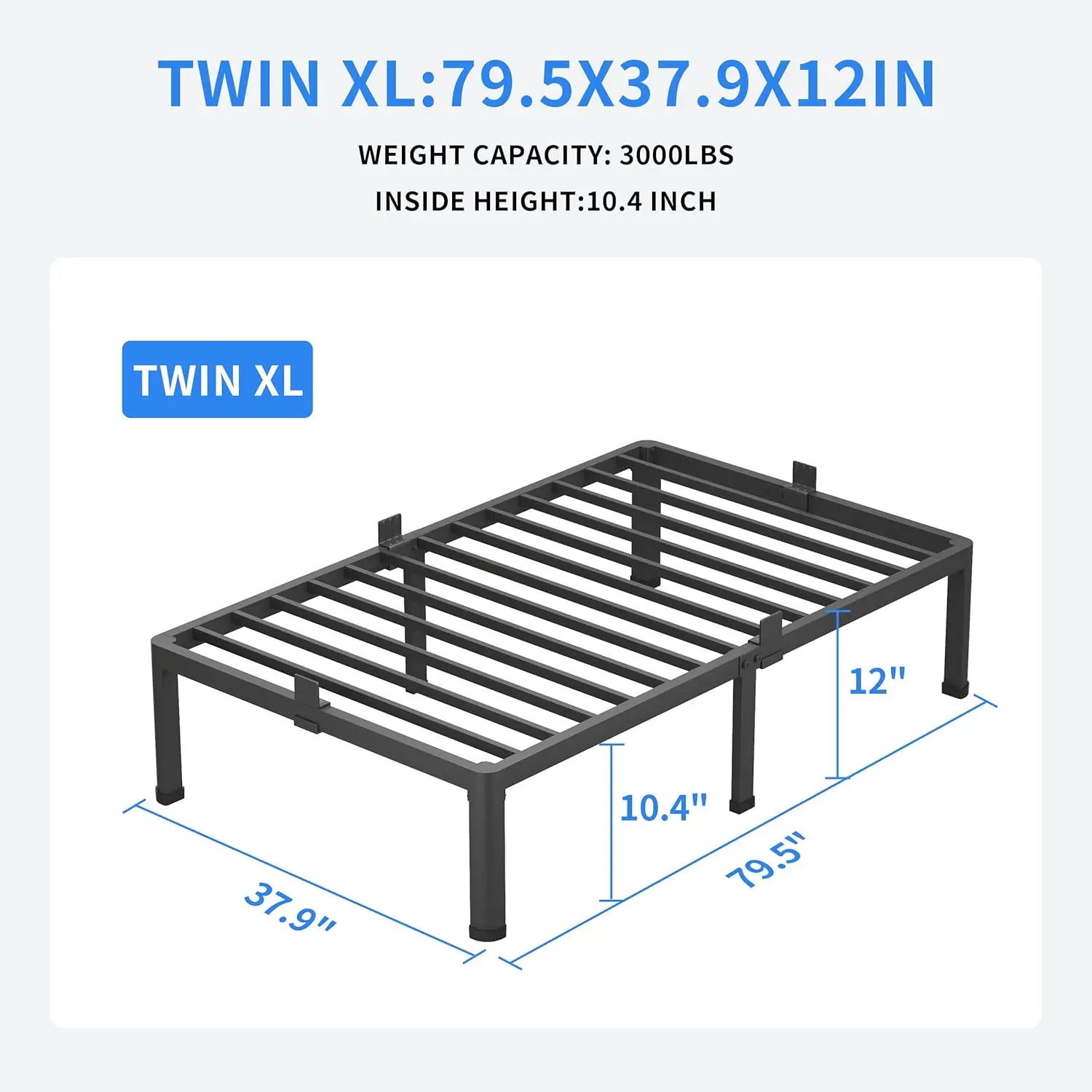 

12 H Twin Xl оправы для кровати с металлической платформой и круглыми угловыми ножками, стопор для наматрасника, 3000 фунтов, сверхпрочная поддержка стальных реек,