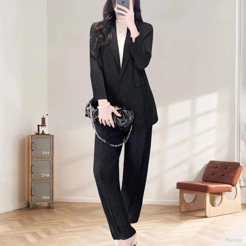 Miyake Pleated Pants Suit Temperament Suit Women 2025 Commuting Workplace Casual Senior Small Suit Jacket+solid Pants