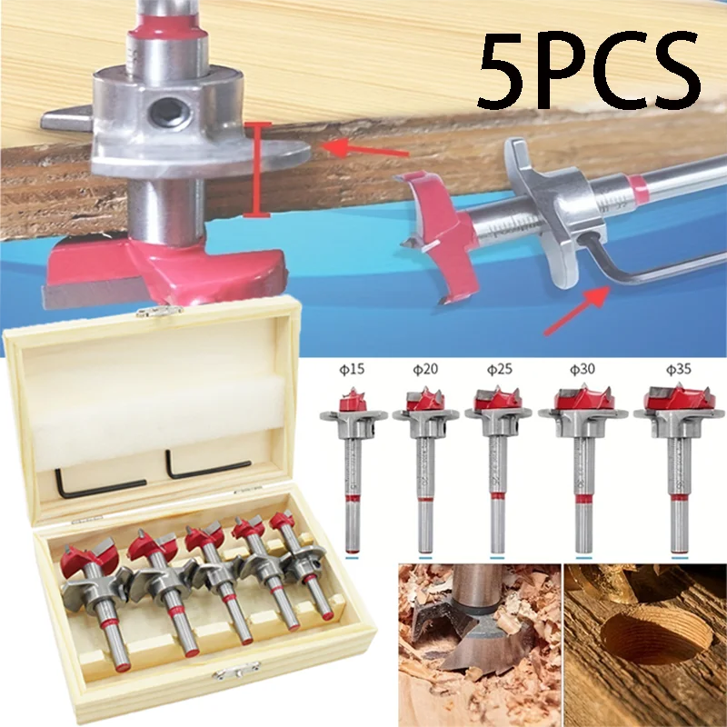 5Pcs Adjustable Wood Forstner Drill Bit Set 15-35mm Carbide Hole Saw Opener Locator Limit Stop Woodworking Drilling Tools