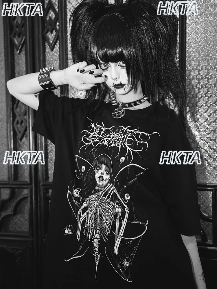 Dark Rock Y2k Goth Punk Two Dimensional Black T Shirt Long Top 2026 Summer Subculture Crew Neck Loose Short Sleeve Tshirt Women