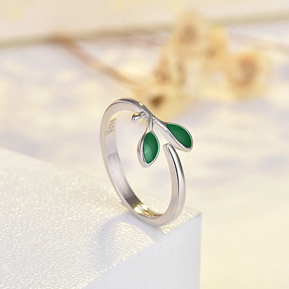 New 925 Silver Plated Women Ring Fashion individual Green Leaves Sprout Adjustable Index Finger Rings Jewelry Anniversary Gift