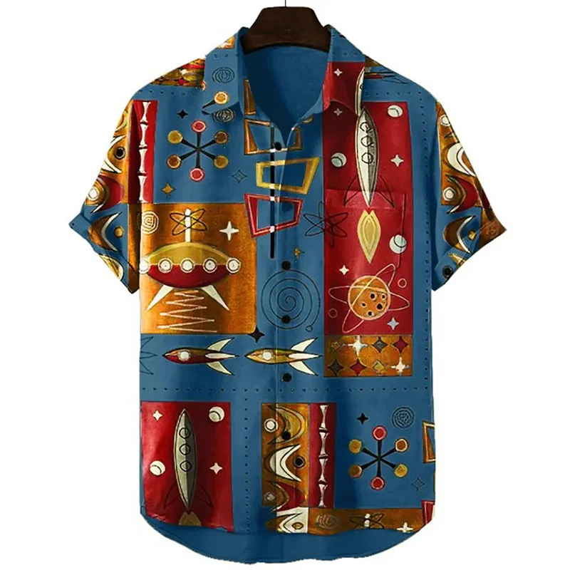 

Fashion Planet Rocket Pattern Hawaiian Shirts Summer Trend Short Sleeve 3D Printed Shirts Loose Casual Streetwear Lapel Blouse