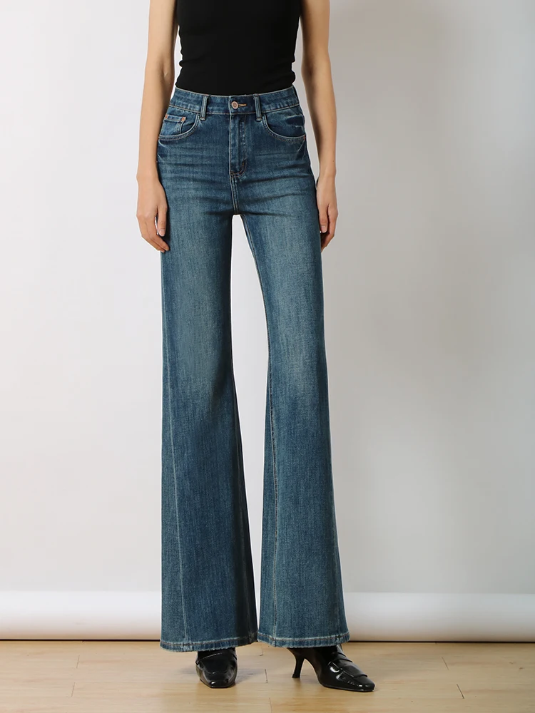 

Джинсовые джинсы Bell Bot с высокой талией, женские прямые брюки в стиле ретро, свободные расклешенные брюки, эластичные, высокие размеры, смесь хлопка