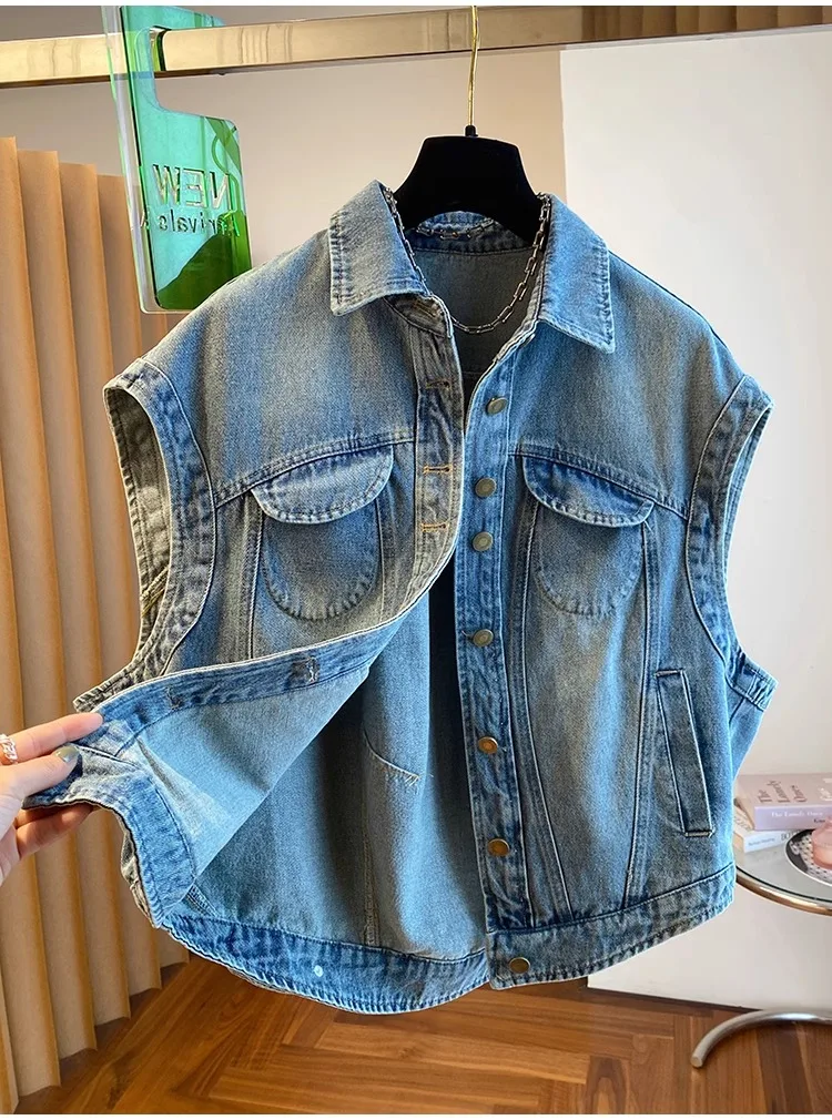 

Fashionable European Style Single Button Denim Vest Women's Loose Fit Summer Outerwear Casual City Commute Travel Jacket