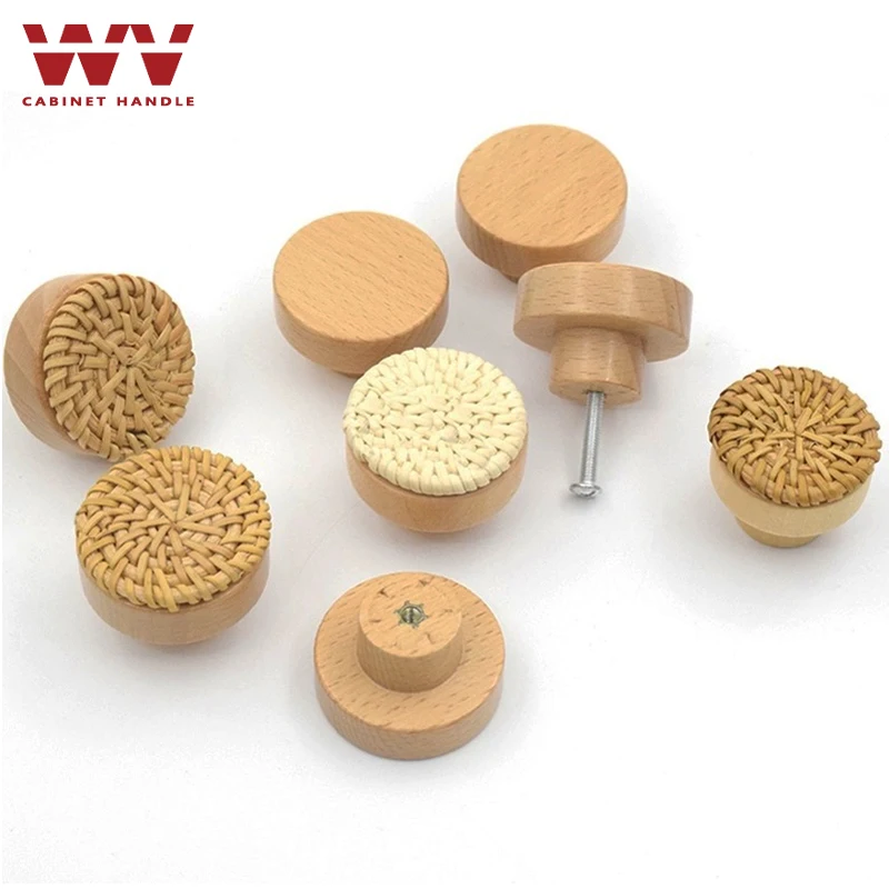 YM Wooden Rattan Dresser Knobs Kit Round Decorative Furniture Pull Handles Multipurpose Woven Drawer Pulls for Bedside Tables