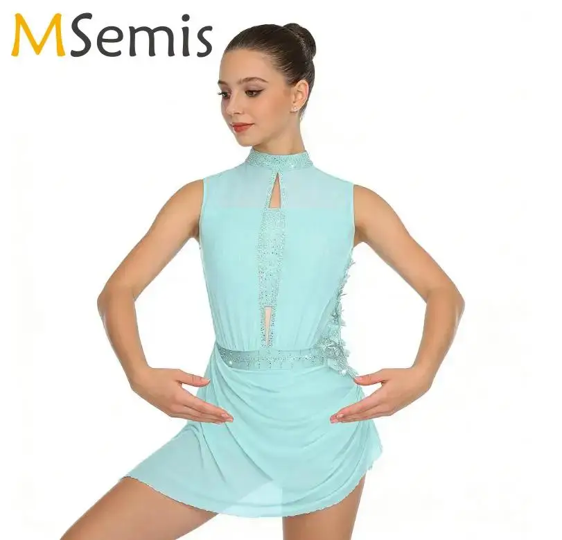 

Womens Shiny Rhinestones Gymnastics Figure Skating Ballet Jersey Lyrical Dance Performance Costume Sheer Mesh Overlay Dress
