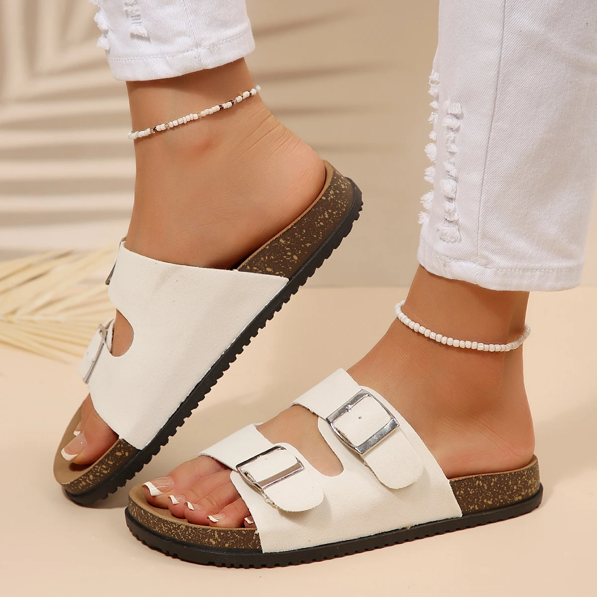 Summer Women Two Adjustable Buckles Cork Slides Open Toe Flat Platform Slide Sandals Casual Indoor Outdoor Beach Slippers