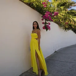 Pretty Yellow Chiffon Dress Summer Women Sleeveless Cut Out Maxi Backless Dress Ruched Evening Dresses Spaghetti Strap Long Gown