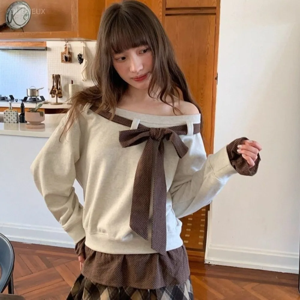 Lace-up Polka Dots Bow Hoodie Slash Neck Women's Hoodies Fake Two Piece Sweatshirts Y2K Streetwear Clothes Autumn Clothing