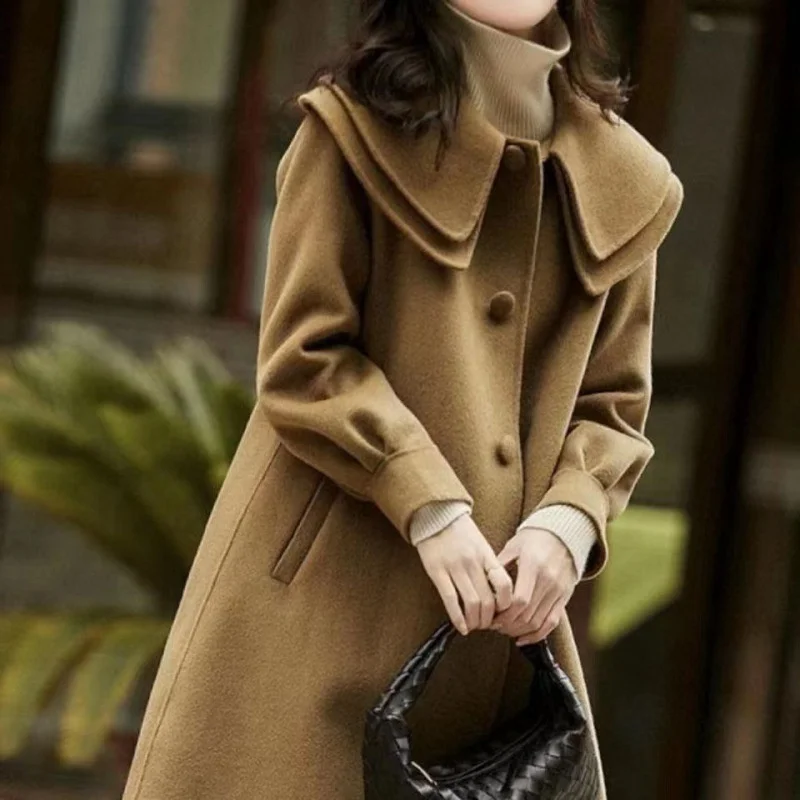 2024 New Autumn Winter Korean Wool Jacket Women Mid length Casual Single Breasted Female Woolen Outerwear Ladies Overcoat