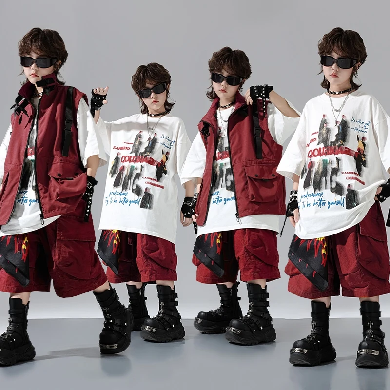 Nuovo vestito da ballo estivo Ragazzi Abiti hip-hop Costumi di danza jazz di strada Vestito rosso Top Pantaloncini Vestito di scena Abbigliamento da passerella DQL11007
