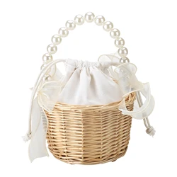 Wedding Girl Handheld Flower Baskets With Pearl Handle Storage Box Rattan Picnic Basket Organizer Party Home Decoration Gift