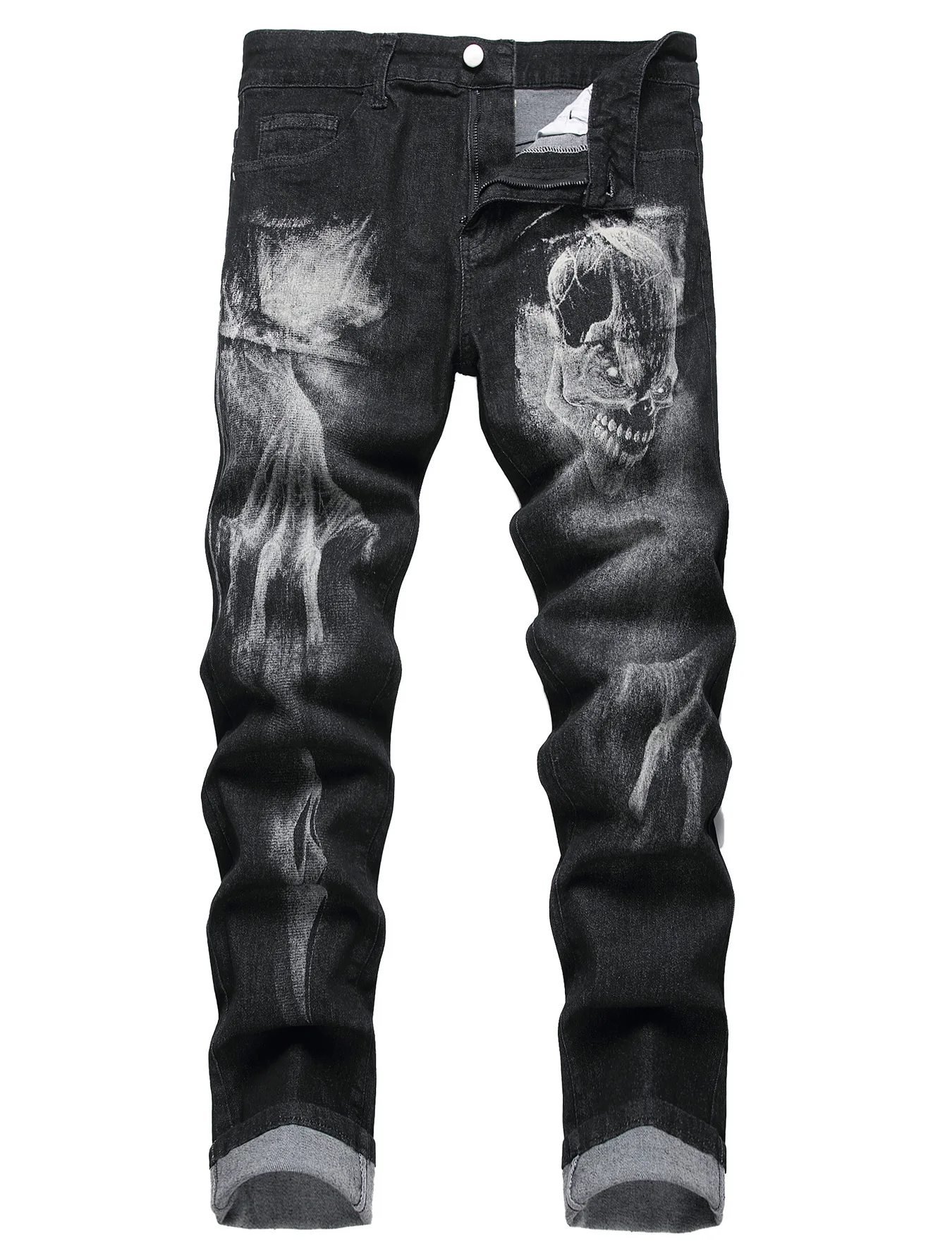 Men's Stretch Jeans with 3D Print, Black Denim Pants with Skull Design, Fashionable Slim-Fit Trousers. Asian Sizes 29-40.