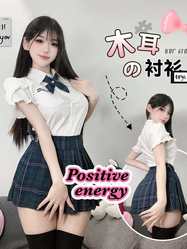 2024 New JK Academy Style Sexy Uniform Set Women Lapel Single Breasted Short Sleeve Shirt+high Waisted Pleated Skirt 7A52