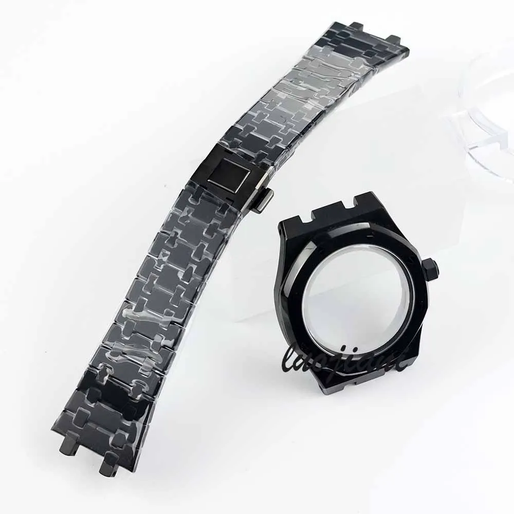 

41mm nh35 case and strap black pvd stainless steel waterproof sapphire for royal oak nh35 nh36 movement 31.8mm dial watch case