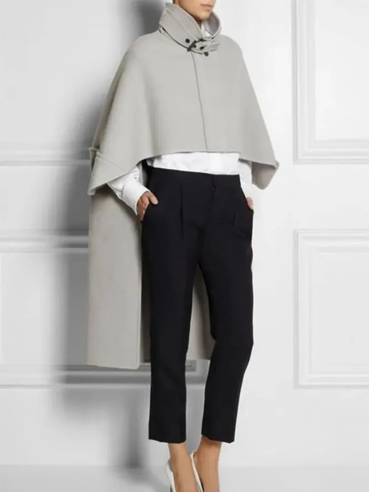 UOOZEE Dames Elegante Coltrui Cape Stijl Hoog-Laag Jassen Losse Effen Kleur Gesp Detail Mode Casual Kantoor Bovenkleding