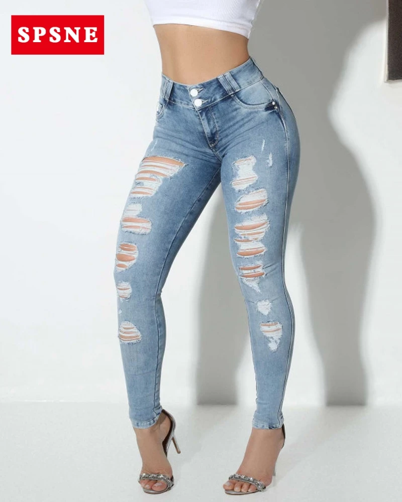 Jeans rasgado para mulheres Leggings de compressão de pernas Bainha de emagrecimento Escultura de coxa Mais magro Calças de cintura Trainer Controle de barriga