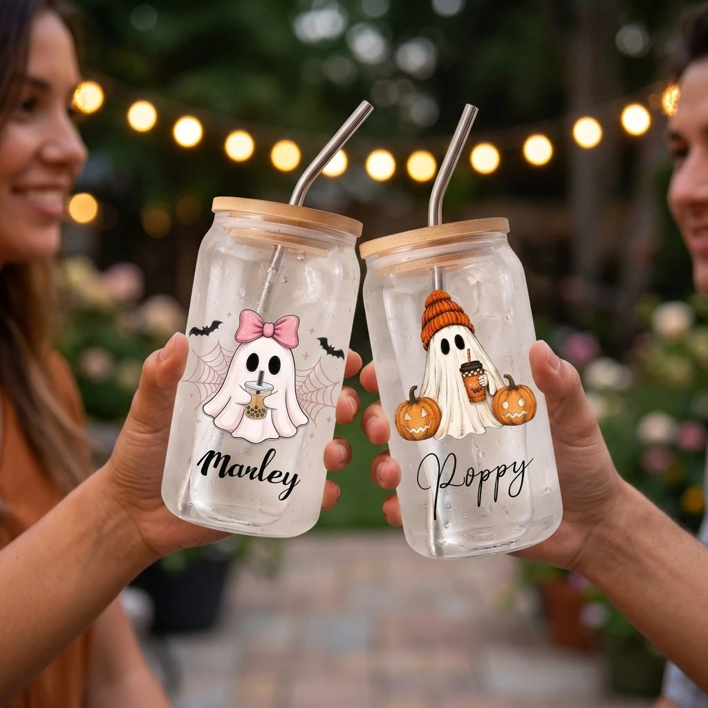 2026 New Halloween Boo-Jee Ghost Glass Can Cup, Spooky Ghost Print Coffee Glass With Lid Straw, Halloween Party Favor Gift.