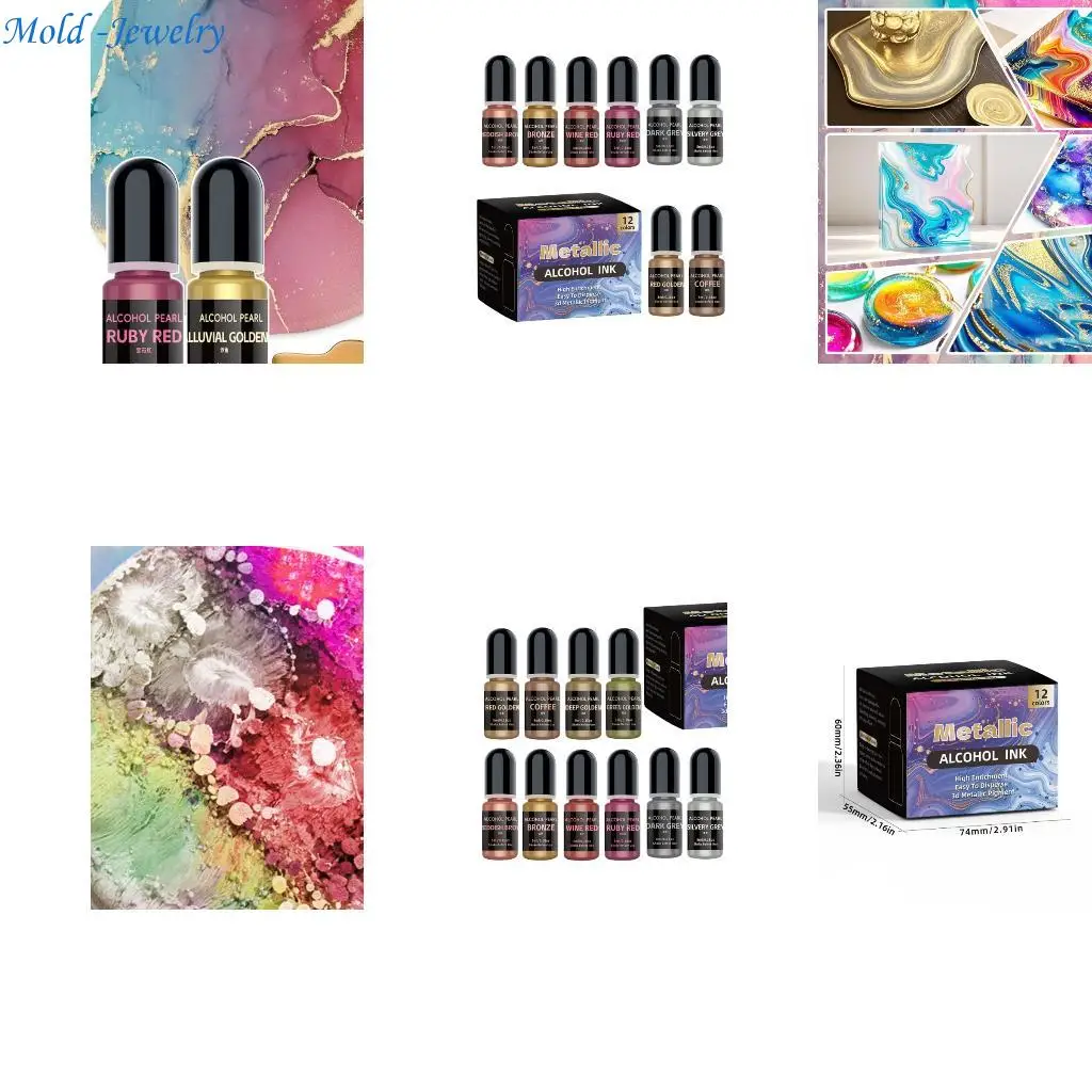 

69HB Alcohols Set 12 Metallic Colors for Epoxy Resin and Card Making High Concentration Dye for Artistic DIY Enthusiasts