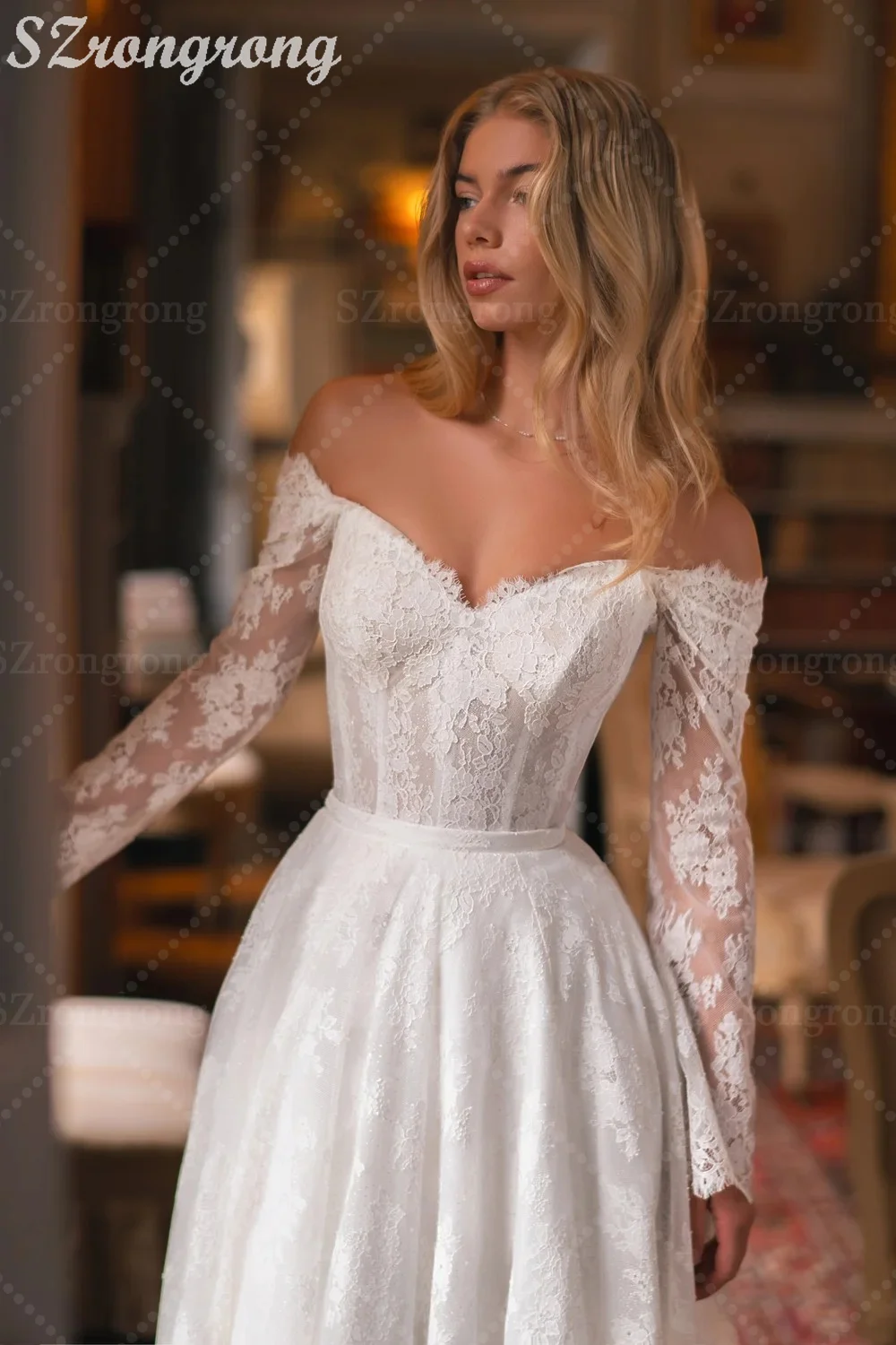 Graceful V-neck Lace A-line Wedding Dress Long Sleeve Backless Floor Length Boho Bridal Dress with Train Custom Made