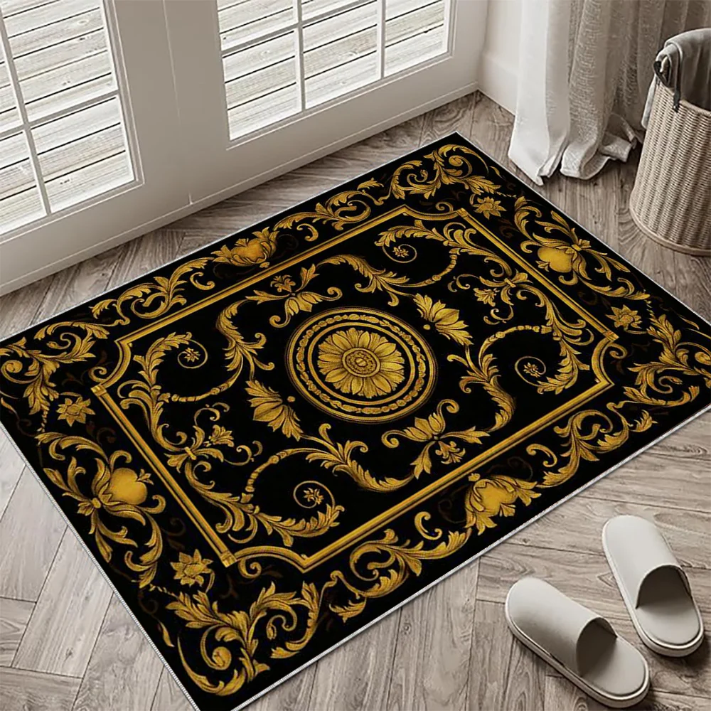 

Luxury Black Gold Baroque Floral Print Carpet Plush Flannel Rug Living Room Bedroom Home Decor Area Rug Non Slip Floor Mat