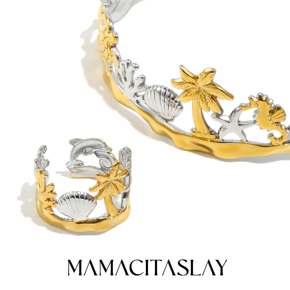 MamacitaSlay 316L Edelstahl Mehrfarbiges Ozean-Stil Armband Ring 18K Vergoldet Wasserdichtes Schmuckset Damengeschenke