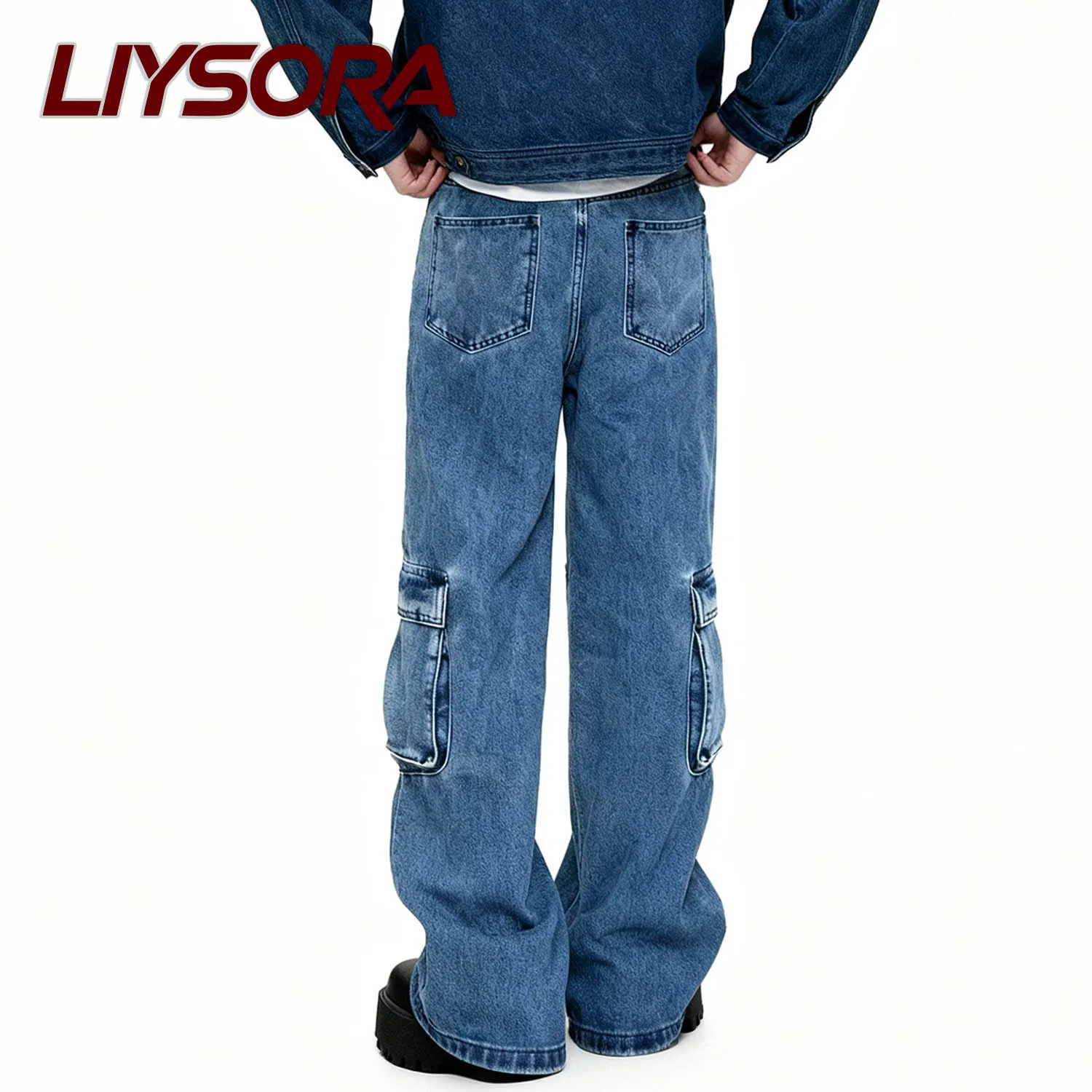 الرجال الأمريكية الأزرق الرجعية غسل فضفاض مستقيم الجينز الذكور متعدد جيب مستقيم أنبوب فضفاض ملابس العمل أربعة مواسم الدنيم السراويل #6