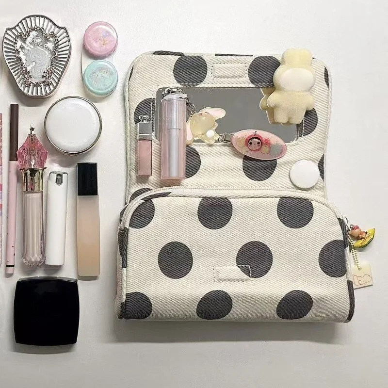 Korea Dot Canvas Diagonal Wash Bag Fashion Pink Flip Mirror Portable Zipper Cosmetics Travel Storage Bag Cute Sweet Girl Gift