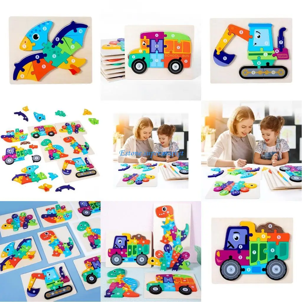 090B 8.86x7.09x0.43in dinosaure/véhicule en bois Puzzle jeux Table Puzzle jouet d'apprentissage
