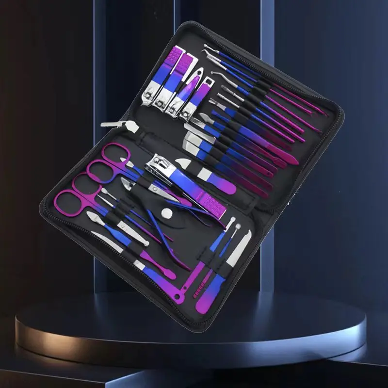 26/30pcs Zippered Gradient Manicure Set, Complete Stainless Steel Tools for Nail & Cuticle Care, Home & Travel